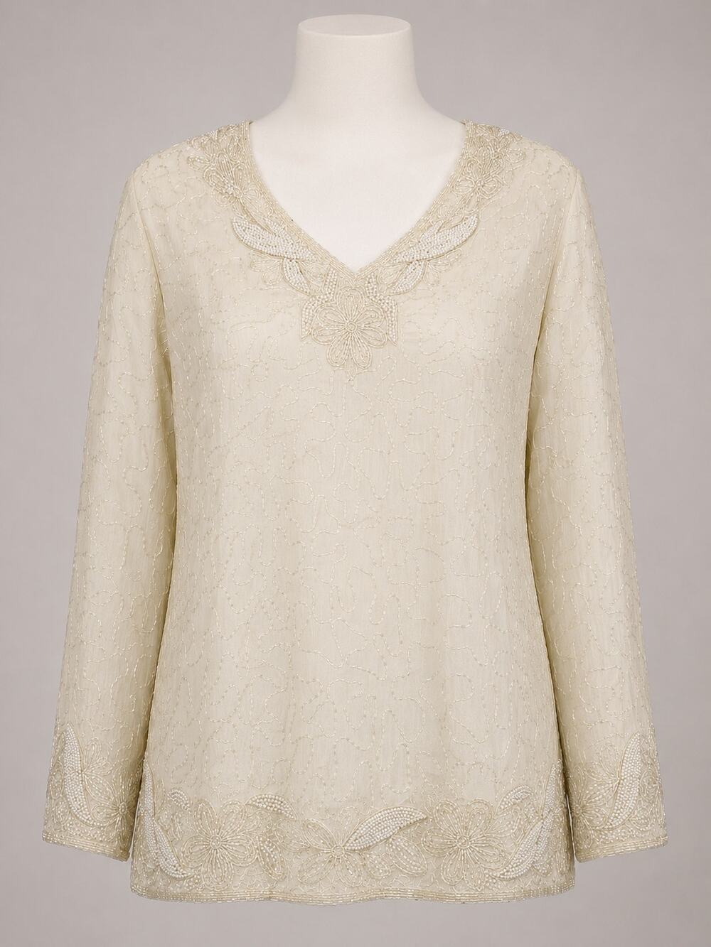 Vintage Exotic Creations Ivory Hand Beaded 100% Silk Blouse L NWT Flaws